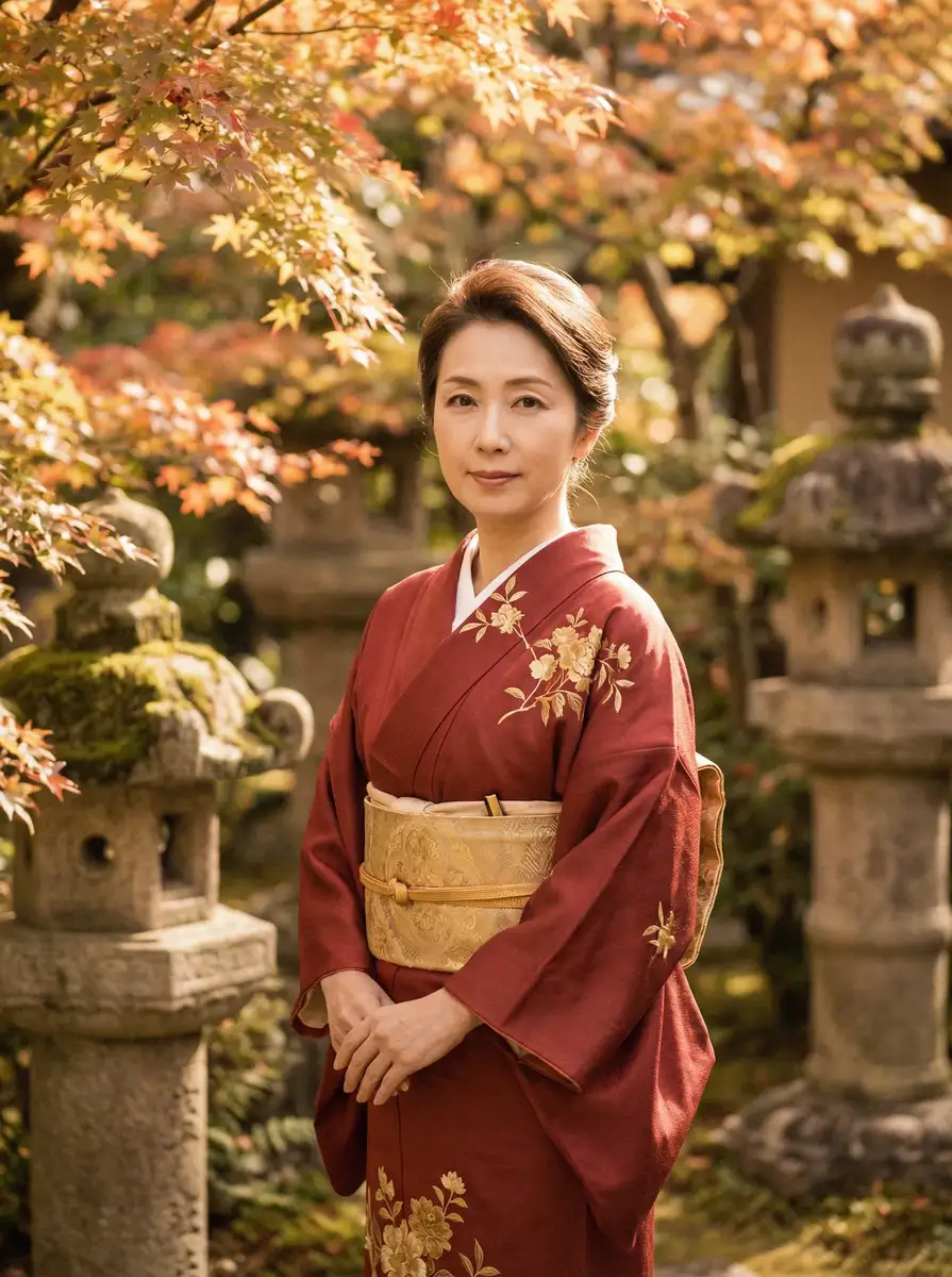 一位身穿暗红色和服的优雅 女皇爱耍诈 在日式庭院中